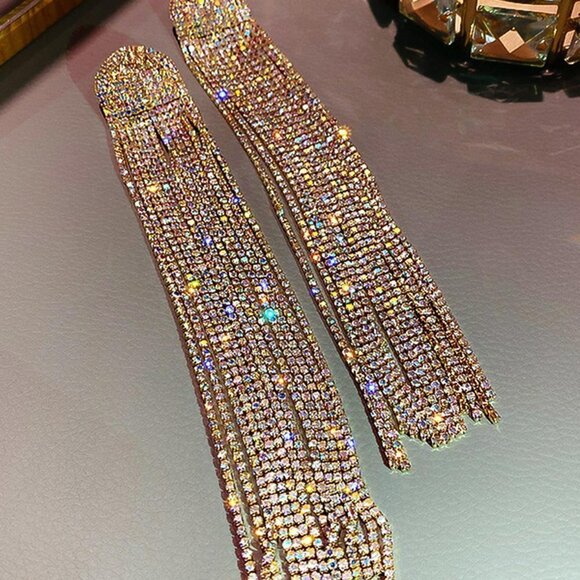 Gold Preppy Womens Rhinestone Tassel Drop Earrings - Picture 2 of 3